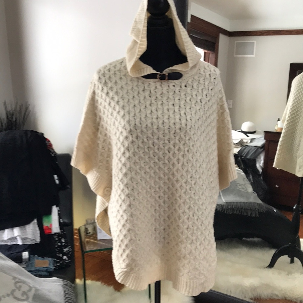 Cream hooded knit poncho